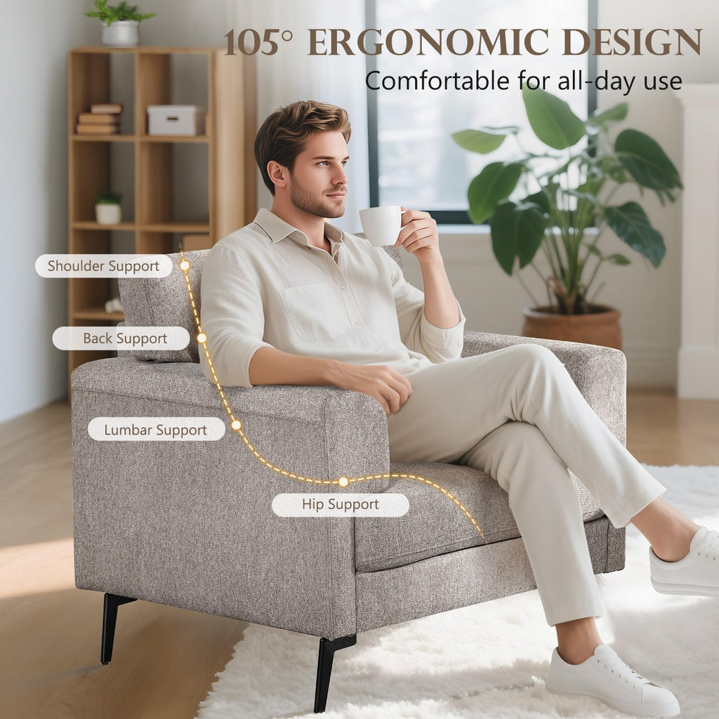 CDCASA Accent Chair, Linen Fabric Oversized Mid Century Modern Chair Set of 2, Comfy Upholstered Armchair Reading Accent Chairs Sofa Chairs for Bedroom Living Room, Light Brown
