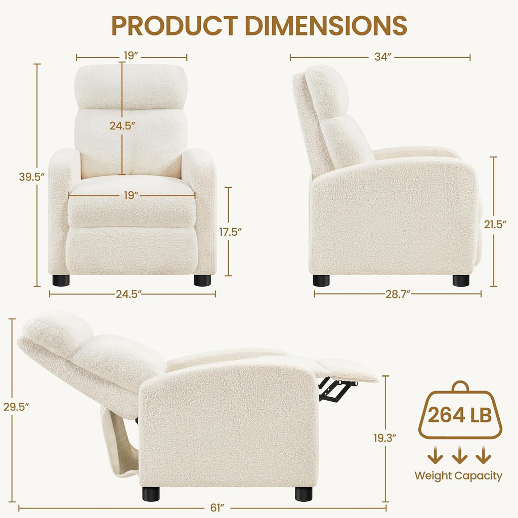 Topeakmart Fabric Recliner Chair Adjustable Modern Single Sofa Chair with Pocket Spring Living Room Bedroom Home Theater Ivory