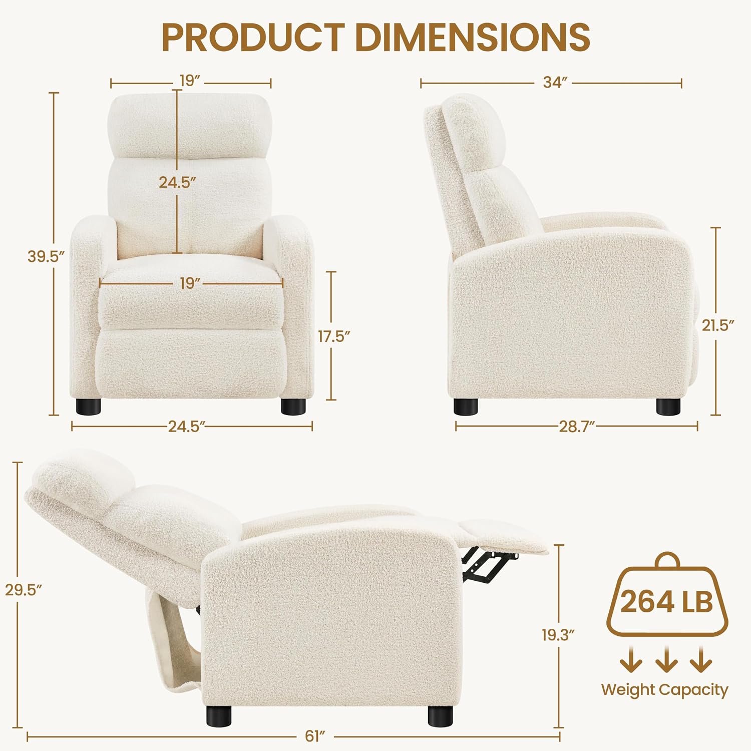 Topeakmart Fabric Recliner Chair Adjustable Modern Single Sofa Chair with Pocket Spring Living Room Bedroom Home Theater Ivory