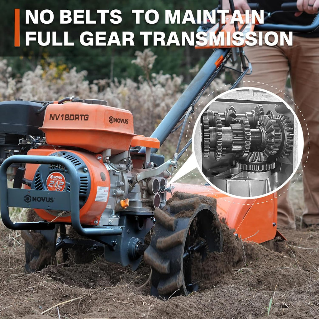 NOVUS 18-Inch Dual Direction Rear Tine Tiller, 212cc 4-Cycle Gas Engine, Full Gear Transmission, Dual Rotating Tines, Airless Tires Gas Tiller for Small to Large Gardens