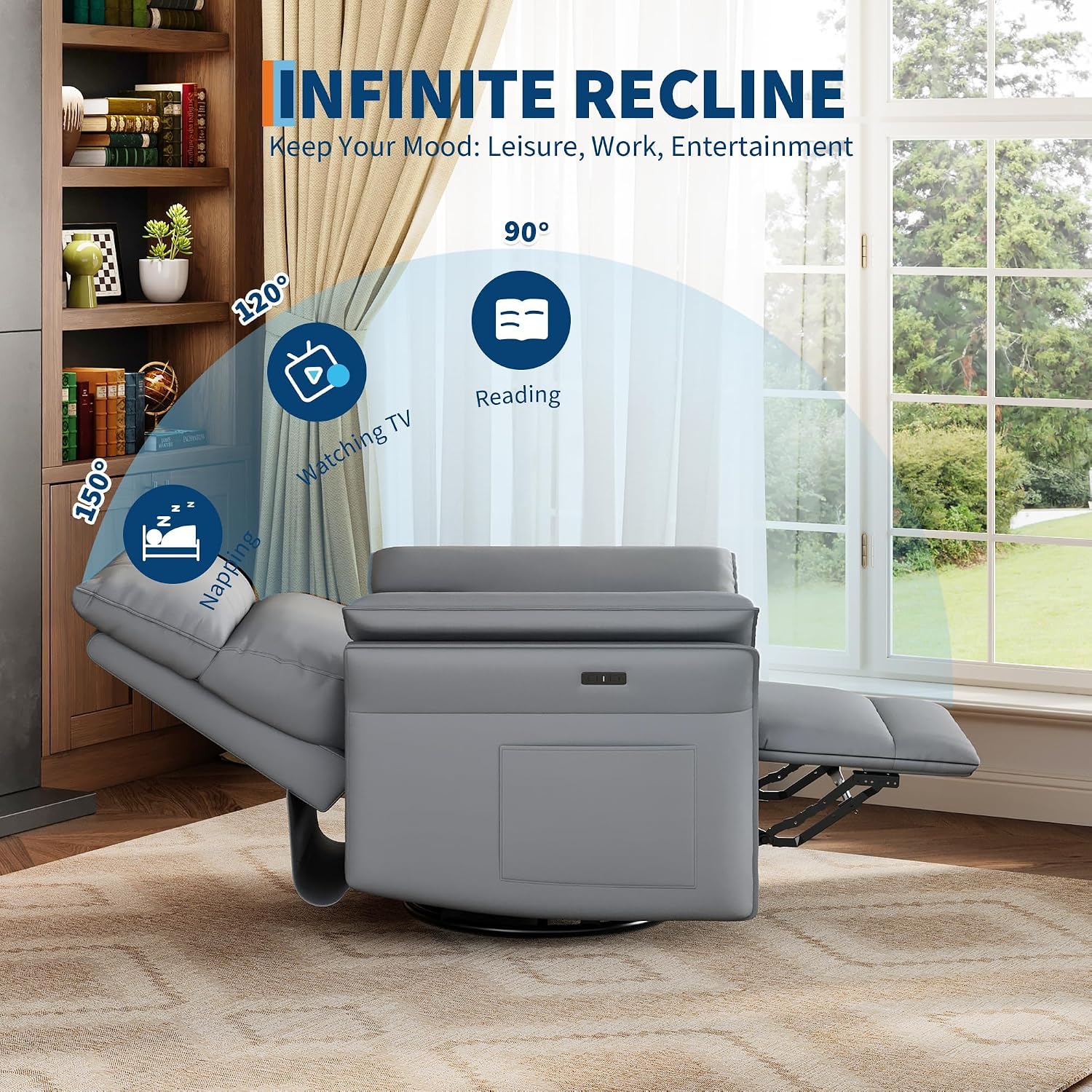 GarveeHome Power Recliner Chair with Side Pockets, 270° Swivel & Glider, USB Charging Port, PU Leather, Thickened Dual-Layer Armrests, Modern Recliner for Living Room, Bedroom (Silver)