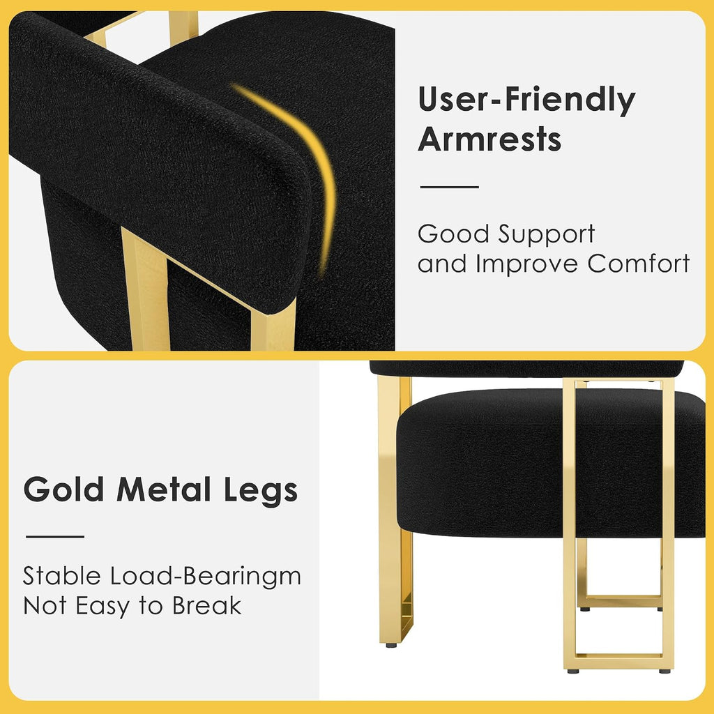 STHOUYN Modern Black and Gold Accent Chair Set of 2, Boucle Bucket Chairs Set of 2, Arm Chairs for Living Room Bedroom (2, Black)