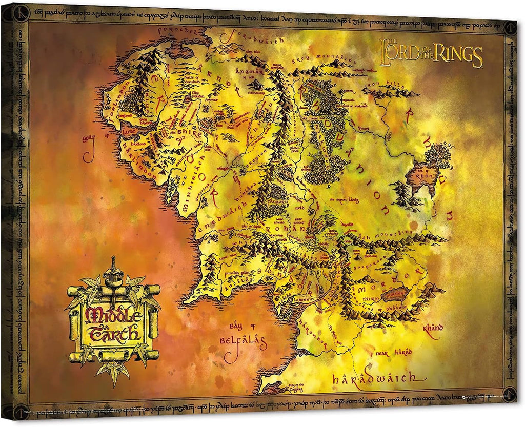 GUTTATY Middle Earth Map Canvas Wall Art Movie Map HD Print- Retro Middle Earth Map Canvas Painting for Home Wall Decor, Vintage Movie World Map Poster Framed Artwork for Home Office Decor(32 Hx48 W)