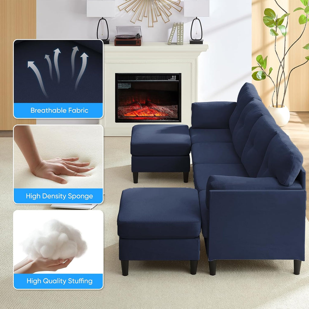 PUREMIND Sectional Couches for Living Room, Modern Snow Velvet U-Shaped Sofa Couch with Double Chaise, Upholstered 4 Seater Home Sofa for Living Room, Apartment, Office,Blue