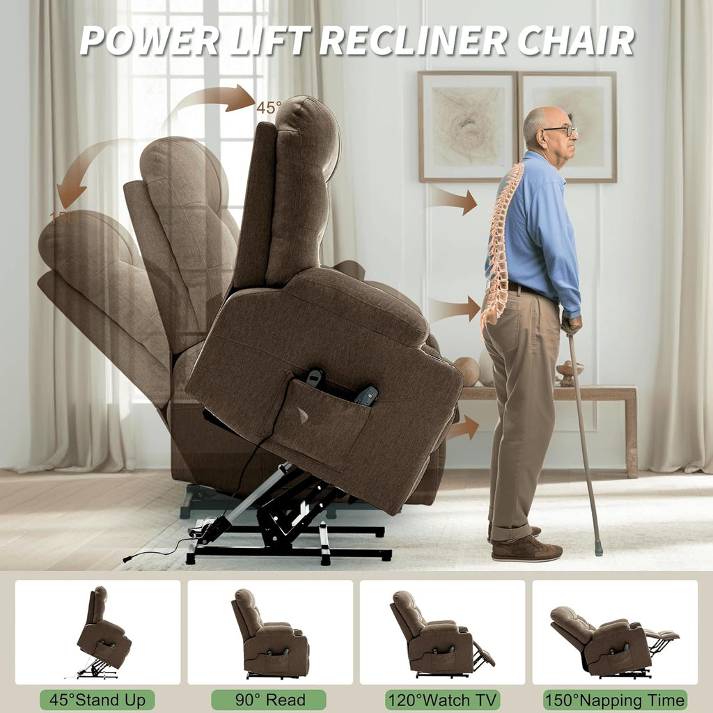 Korser Power Recliner Chair with Massage and Heating, Power Lift Recliner Chair for Elderly and Adults, Electric Recliner with Remote Control and Cup Holders for Living Room, Linen Fabric, Brown