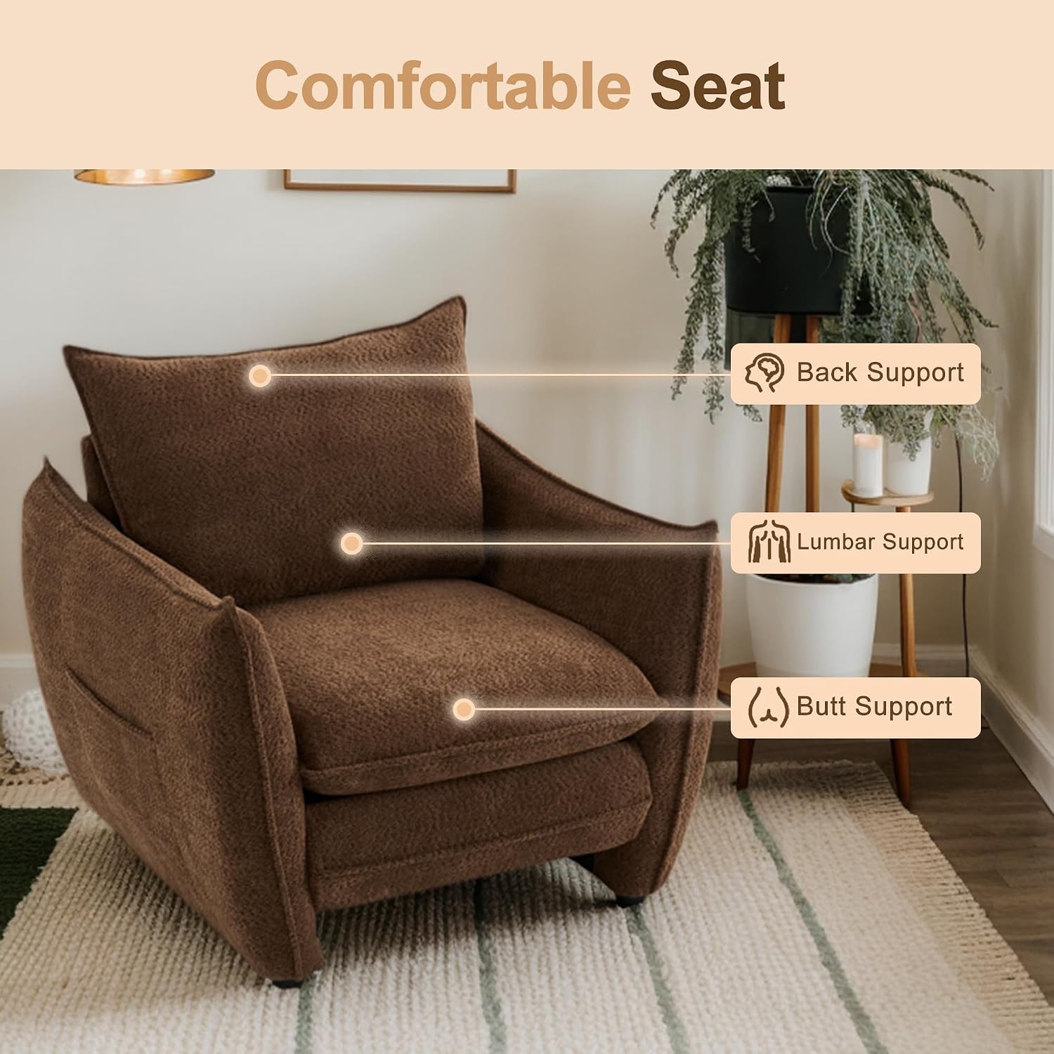Oversized Accent Chair, Modern Single Sofa Cloud Chair with Removable Pillow, Deep Seat Comfy Armchair for Living Room Bedroom Reading Nook - Upholstered Lounge Chair (Brown)