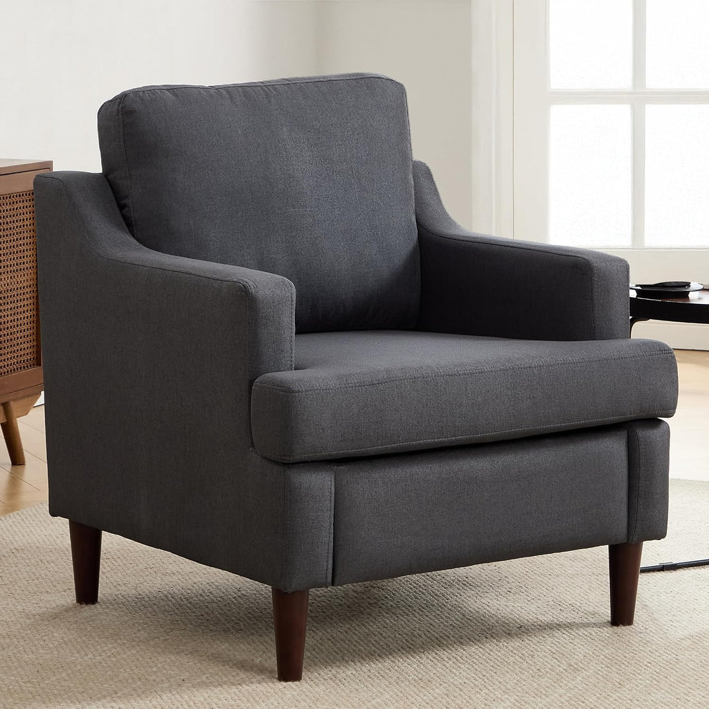 Ketaiyou Mid-Century Accent Chair Modern Linen Fabric Armchair for Living Room,Comfy Upholstered Reading Chairs for Bedroom,Single Sofa Chair with Wood Legs (Darkgrey, Set of 1)
