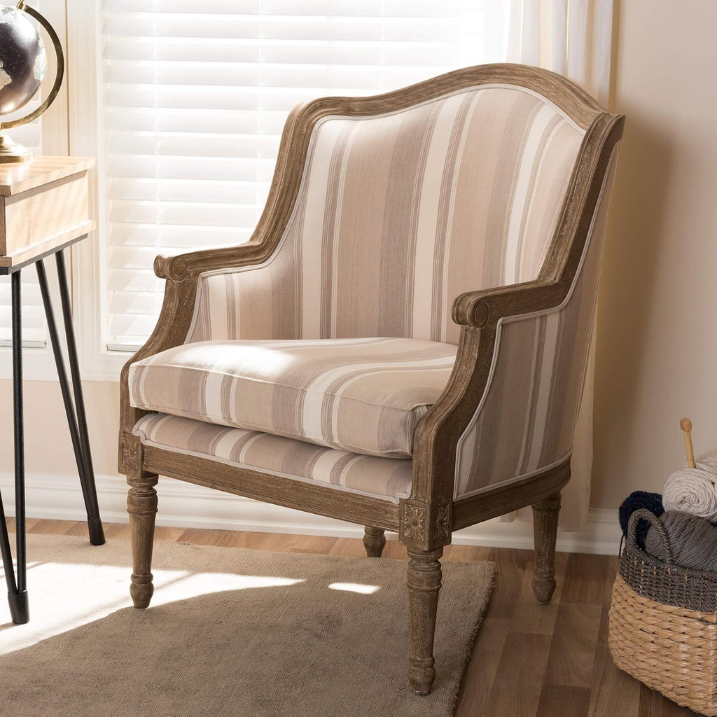 Baxton Studio Striped Charlemagne Traditional French Accent Chair, Oak Brown