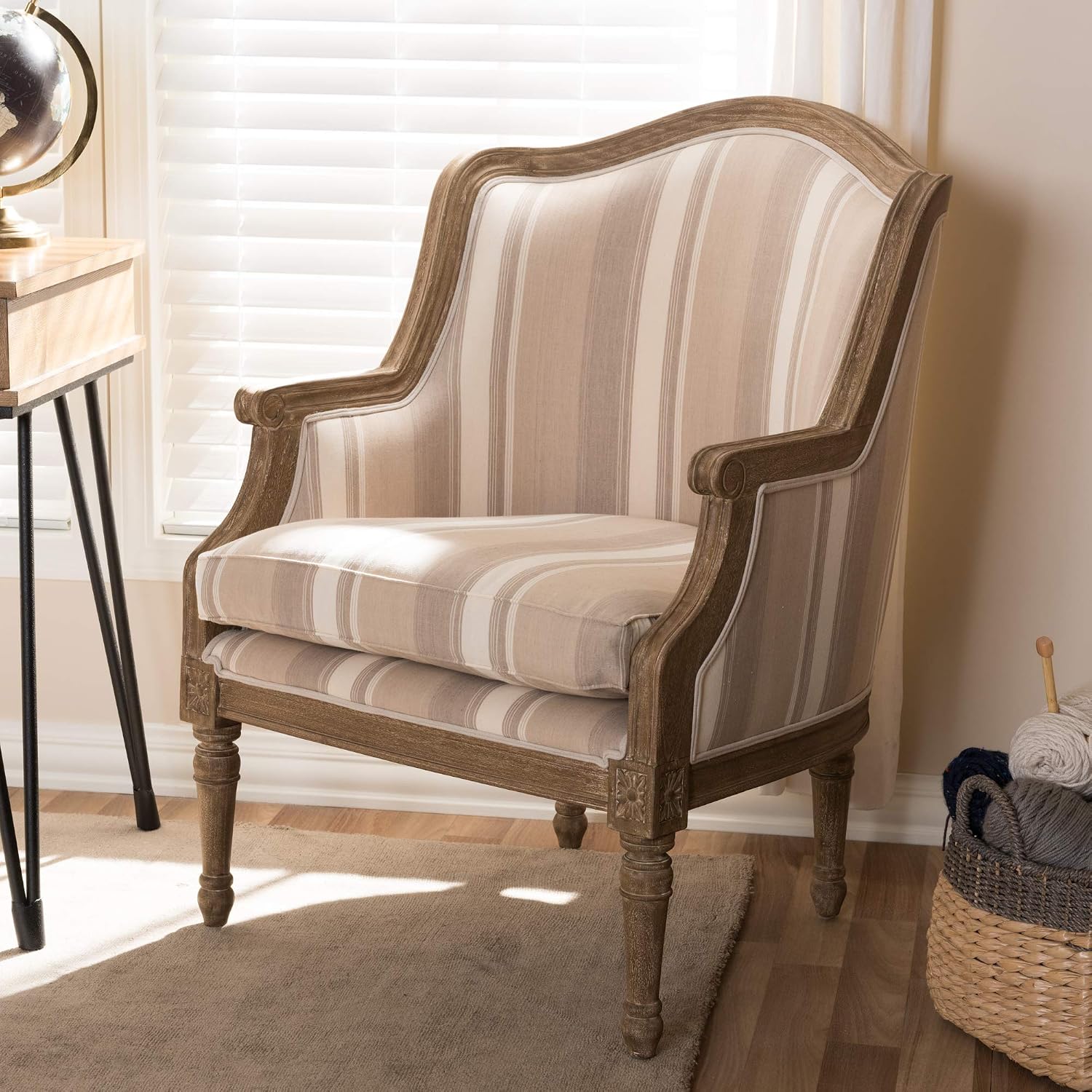 Baxton Studio Striped Charlemagne Traditional French Accent Chair, Oak Brown