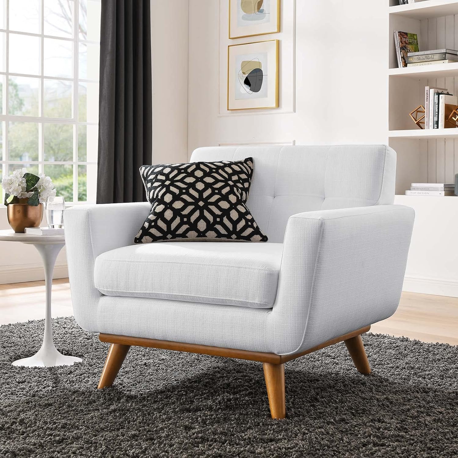 Modway Engage Mid-Century Modern Upholstered Fabric Armchair in White