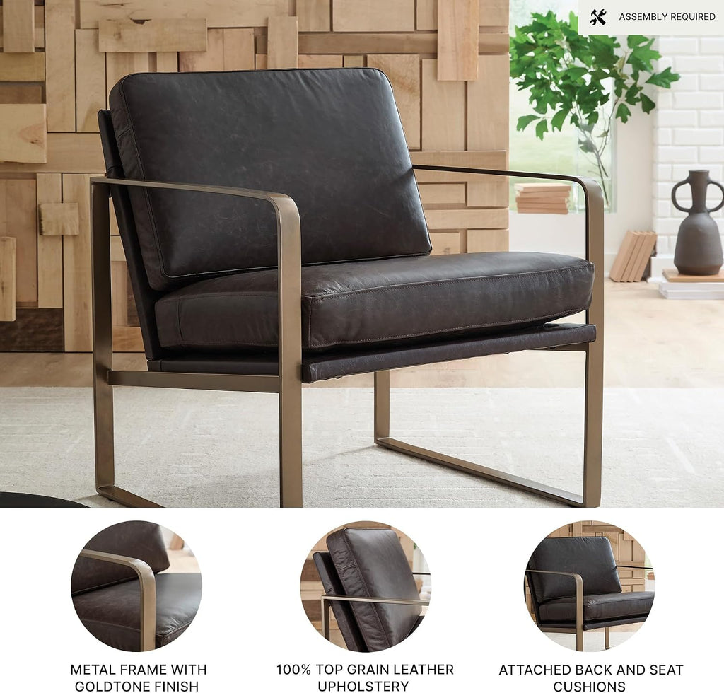 Signature Design by Ashley Bradett Modern Leather Accent Chair with Metal Frame, Dark Brown & Metallic