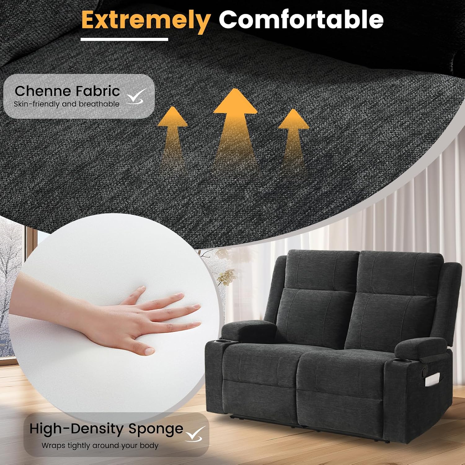 Loveseat Recliner, Double Recliner Loveseat with Adjustable Footrest & Cup Holder, Wall Hugger Recliner for Living Room & Home Theater & RV(Black)