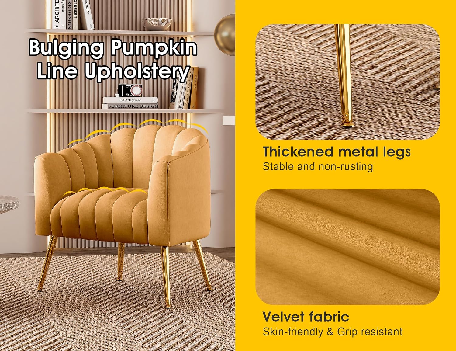 Dewhut Oversized Pumpkin Couch Accent Chair, Modern Comfy Velvet Upholstered Barrel Chairs, Luxury Single Sofa Armchair for Living Room, Waiting Room, Office and Vanity, (Mustard)