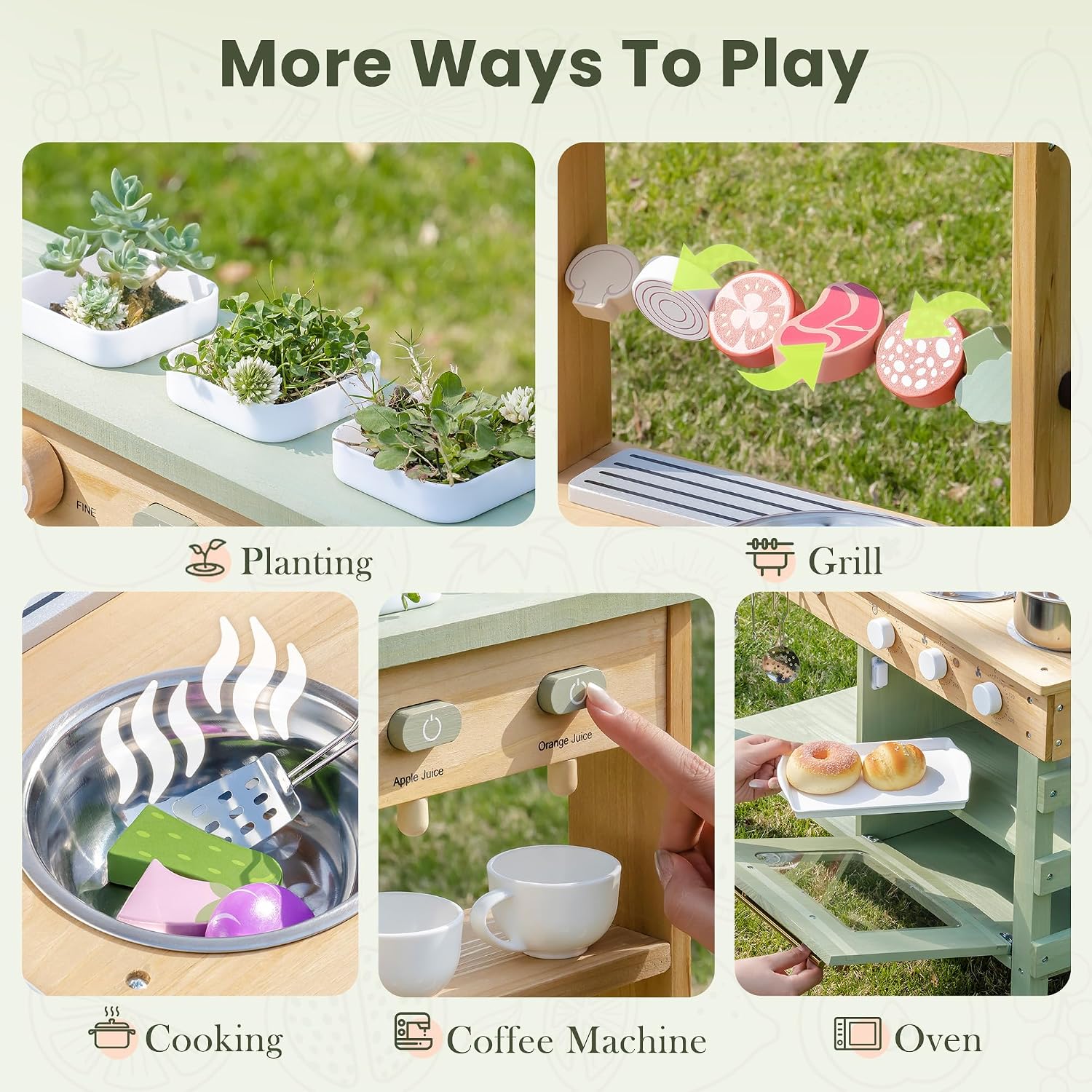 ROBOTIME Wooden Mud Kitchen for Kids, Outdoor Playset with Sink, BBQ Grill, Coffee Maker, Planting Area & Oven, Pretend Play Mud Kitchen Toy for 3+ Years Old Children