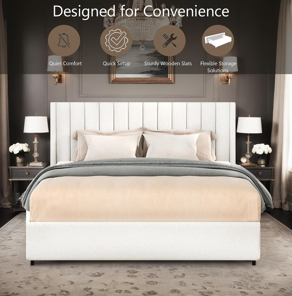 Queen Storage Bed Frame with 4 Patented Drawers - Luxury Ivory Boucle Upholstered Platform Bed, Vertical Channel Tufted Headboard, 1000lbs Heavy Duty, No Box Spring Needed