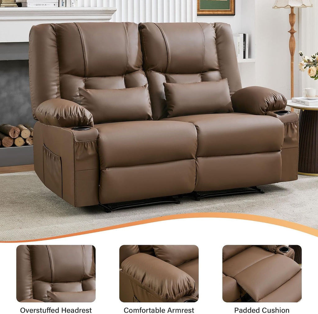 Brown Leather Loveseat Recliner with Massage/Heat, Oversized Recliner Couch & Reclining Loveseat with Cup Holders/Pillow, Manual Reclining Sofa For Living Room/Rv/Home Theater Seating (Brown)