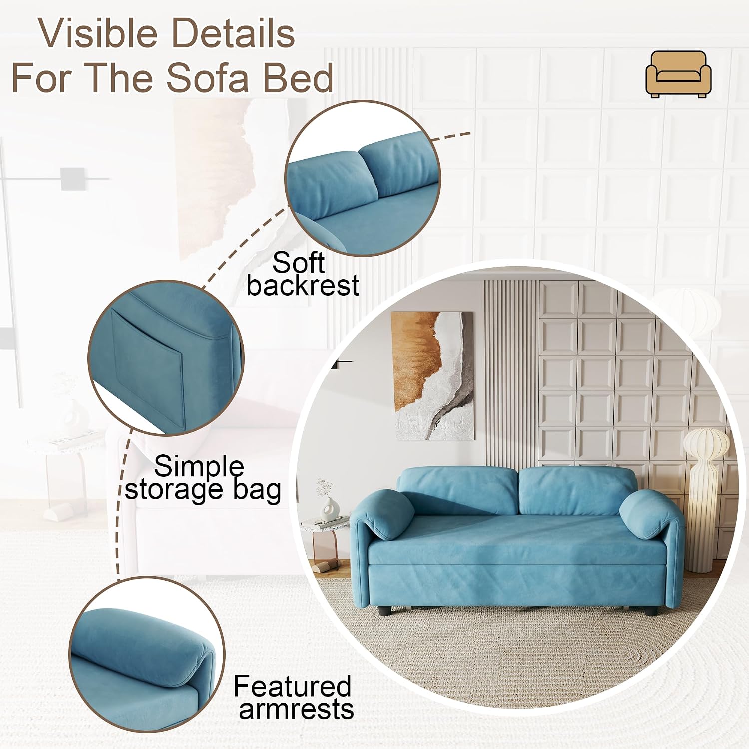 KEIKI 3 in 1 Convertible Pull Out Sofa Bed with Adjustable Backrest & Side Pockets, Velvet Recliner Couch Sleeper Sofa Chair for Living Room, Small Spaces, Full, Blue