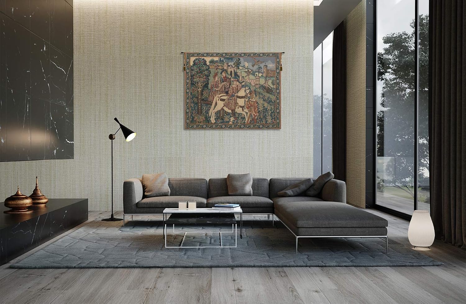 C Charlotte Home Furnishings Inc. Falcon Hunt II Belgian Tapestry Wall Hanging | Viscose Cotton and Polyester Blend Wall Art | 33 in. x 43 in | Home Decor Accents