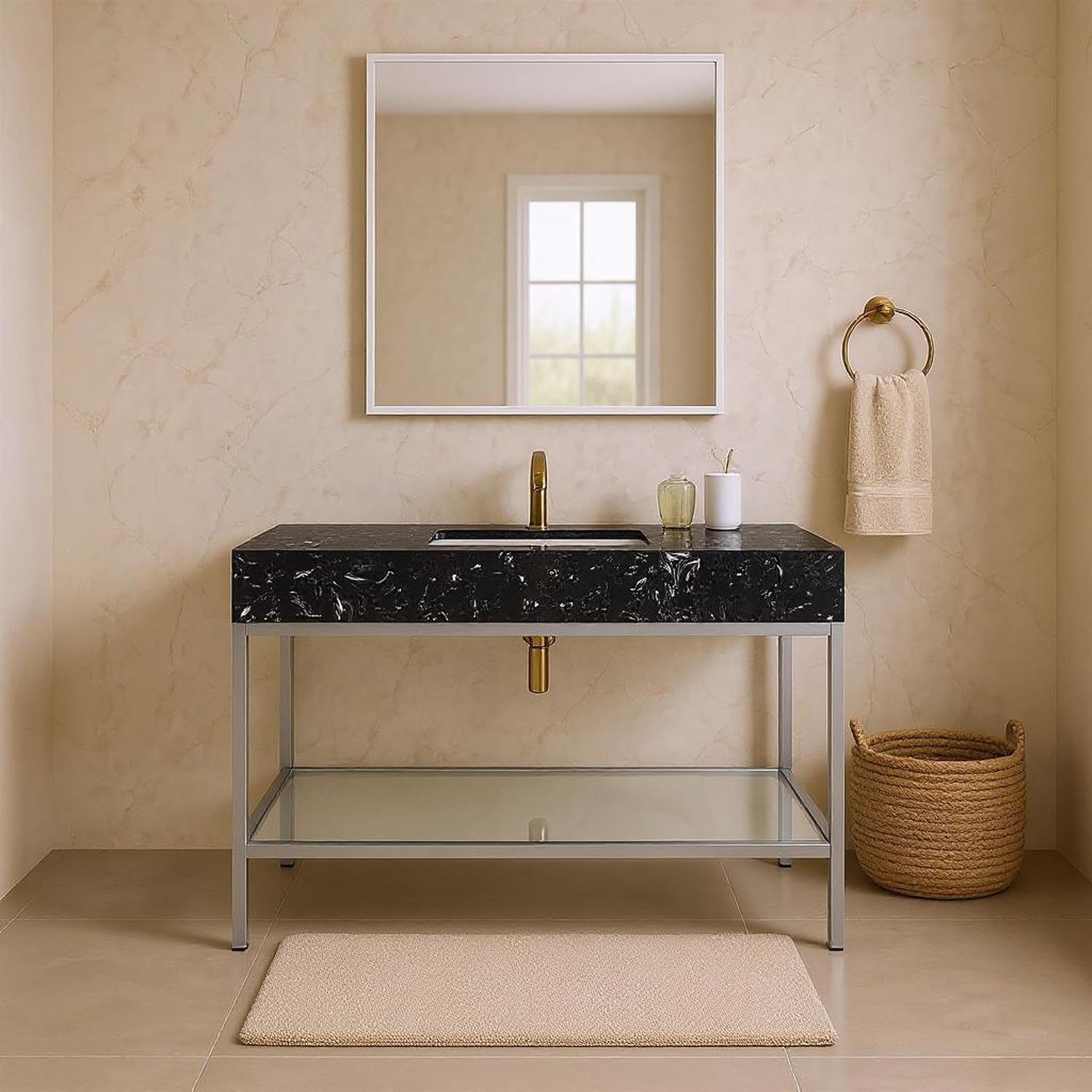 Meridian Furniture 408Black-48 Marmo Collection Modern | Contemporary Bathroom Vanity with Black Engineered Stone with White Veining, Brushed Chrome Stailness Steel Base, 48' W x 23' D x 34' H, Black