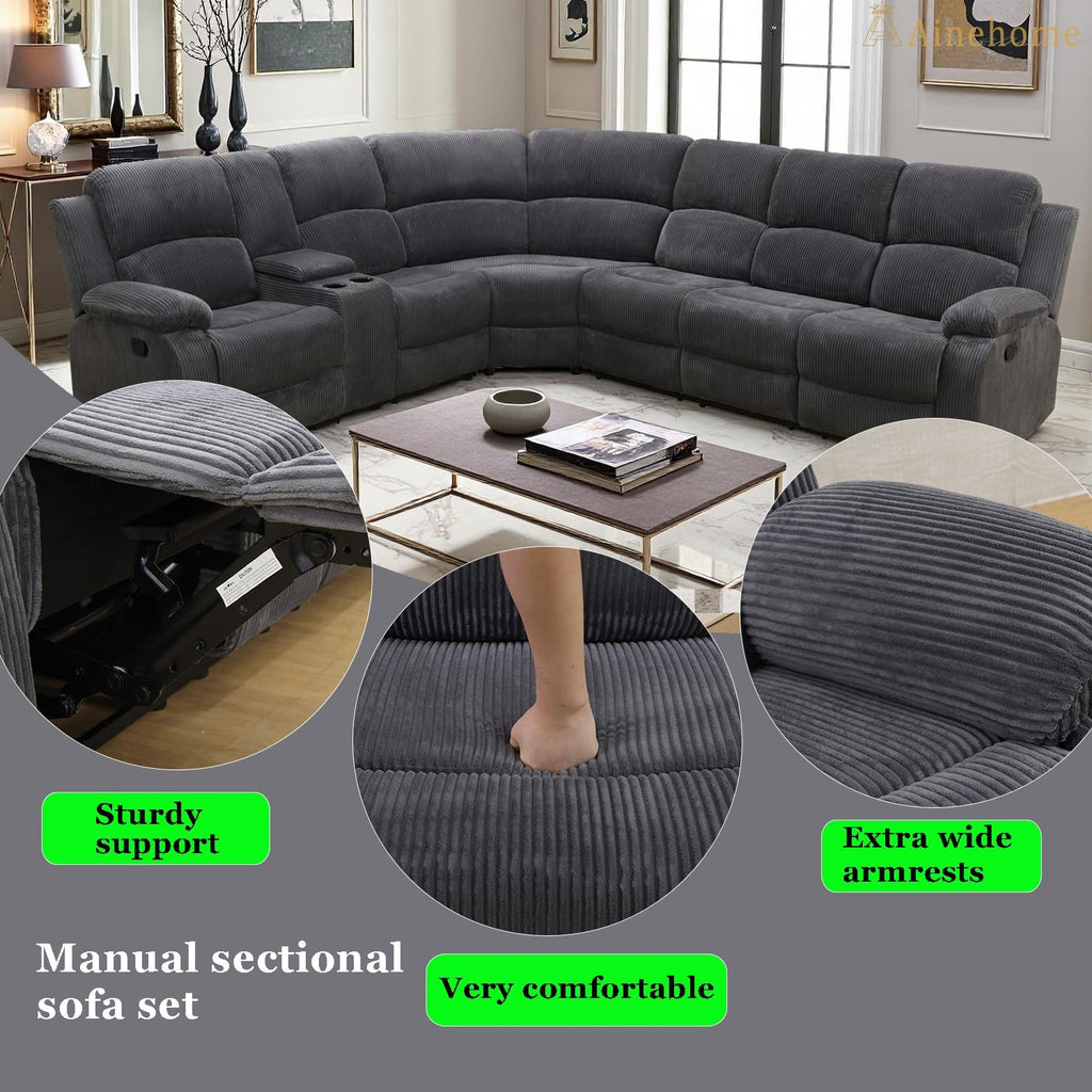 A Ainehome Manual Sectional Recliner Sofa Set with Storage, Living Room Furniture Set Corduroy Sofa Sets Manual Reclining Sectional Couches for Living Room with 4 Recliner Seats(Dark Grey)