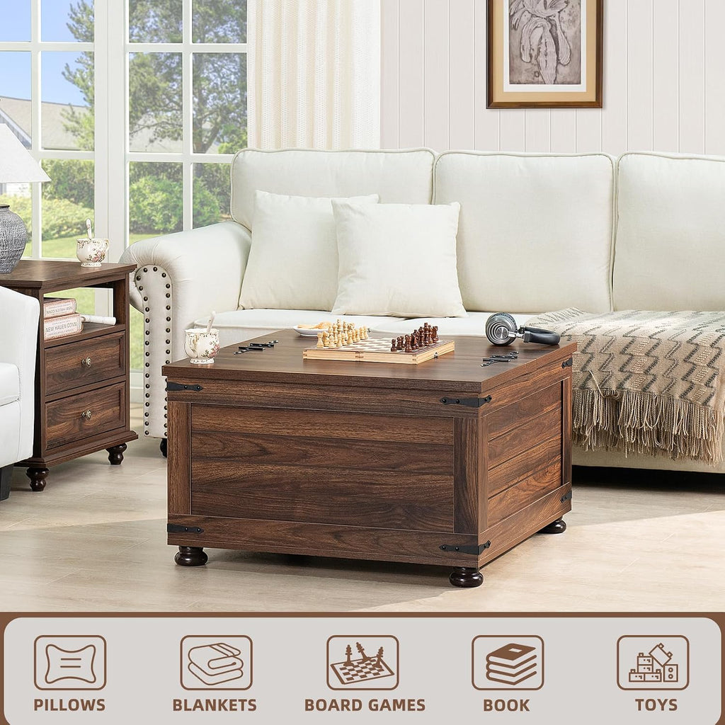 Joaxswe Farmhouse Coffee Table with Hidden Storage,Large Square Center Table for Living Room,Retro Cocktail Tables with Flip-Top Lids, Farm House Tables with Wooden Gourd Feet for Home,Brown Walnut