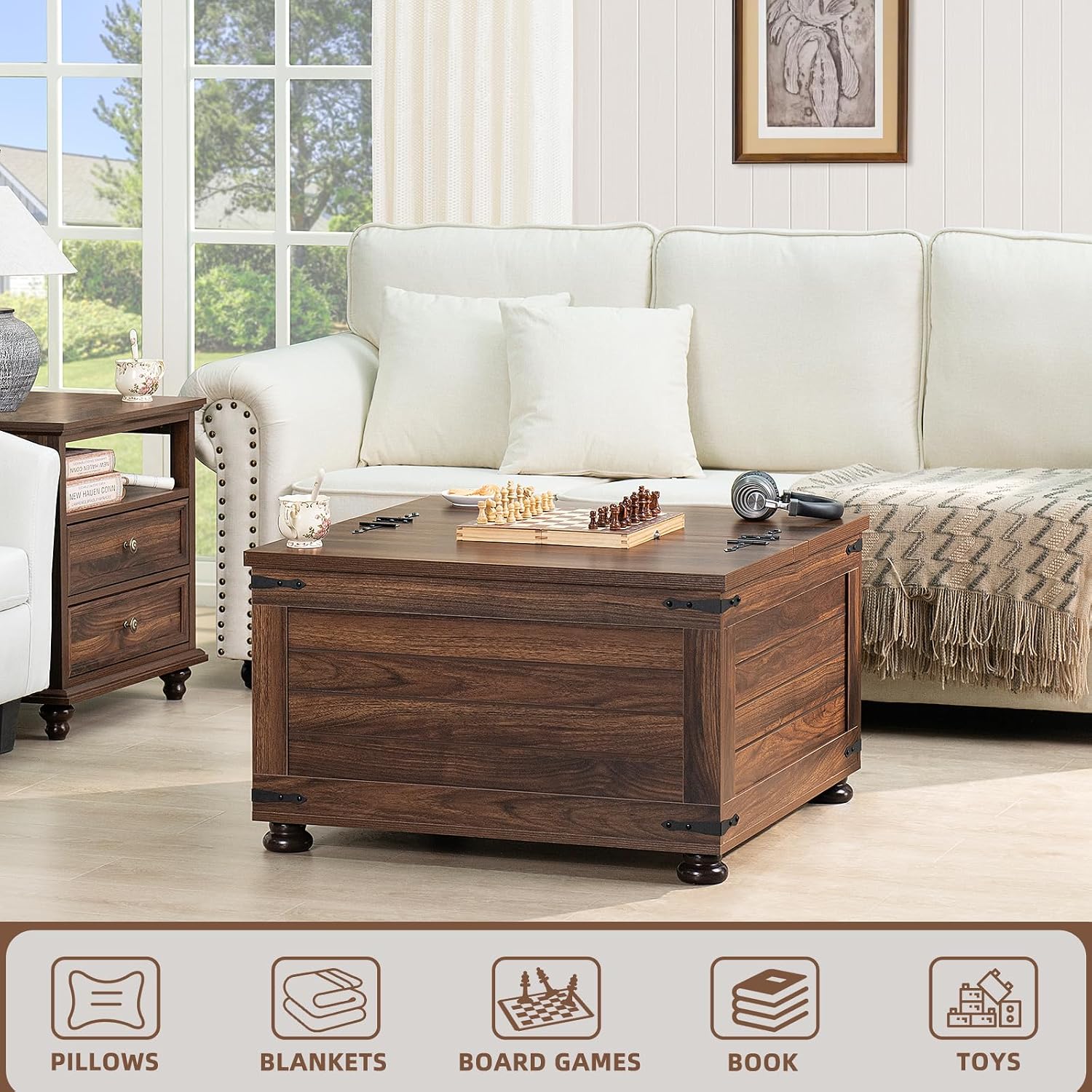 Joaxswe Farmhouse Coffee Table with Hidden Storage,Large Square Center Table for Living Room,Retro Cocktail Tables with Flip-Top Lids, Farm House Tables with Wooden Gourd Feet for Home,Brown Walnut