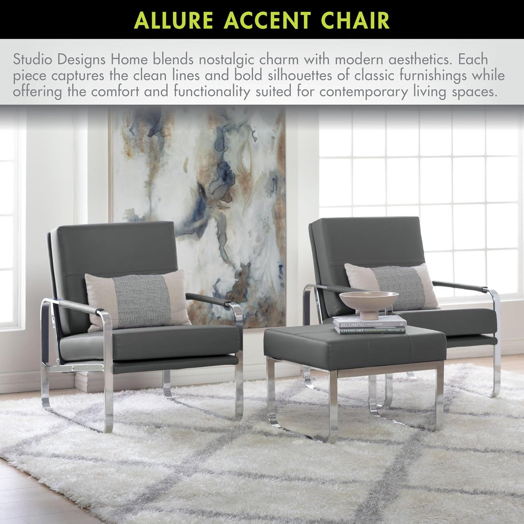 Studio Designs Home Allure Modern Accent Chair in Blended Leather, Chrome/Smoke Gray