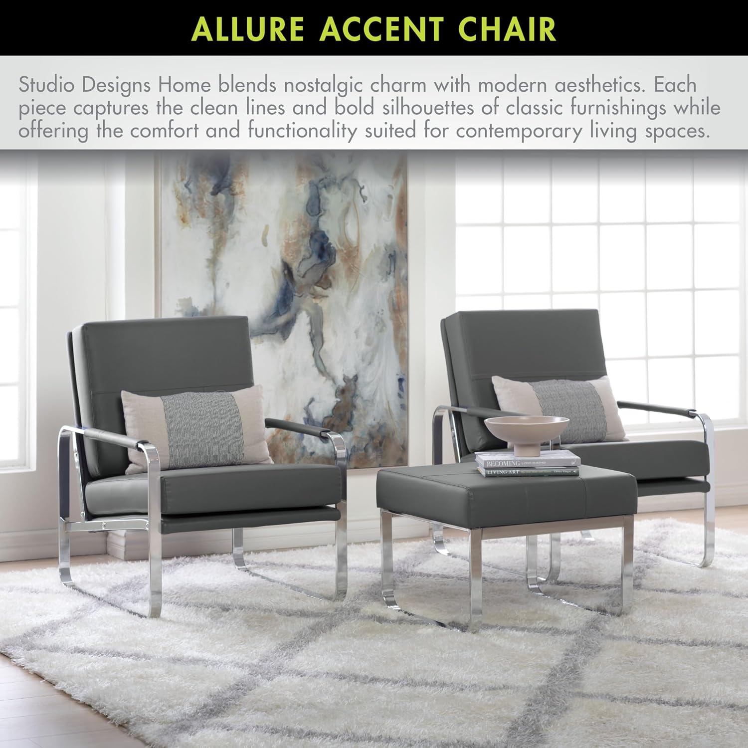 Studio Designs Home Allure Modern Accent Chair in Blended Leather, Chrome/Smoke Gray