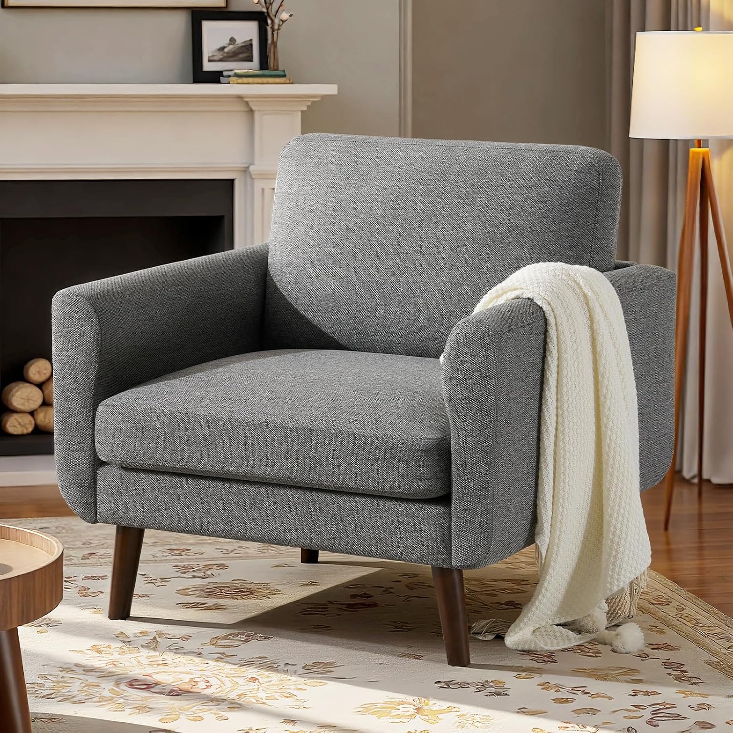 Oversized Accent Chair for Living Room, 37' Mid-Century Modern Comfy Reading Chair, Linen Fabric Solid Wood Frame Armchair, Upholstered Grey Bedroom Accent Chairs Set of 2 for Adults