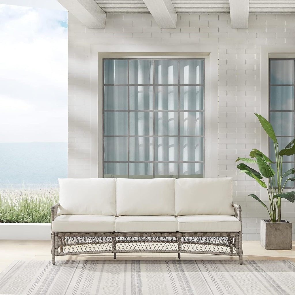 Crosley Furniture Thatcher Wicker Outdoor Sofa, 3-Person Patio Couch for Porch, Deck, Backyard, Driftwood with Creme Cushions