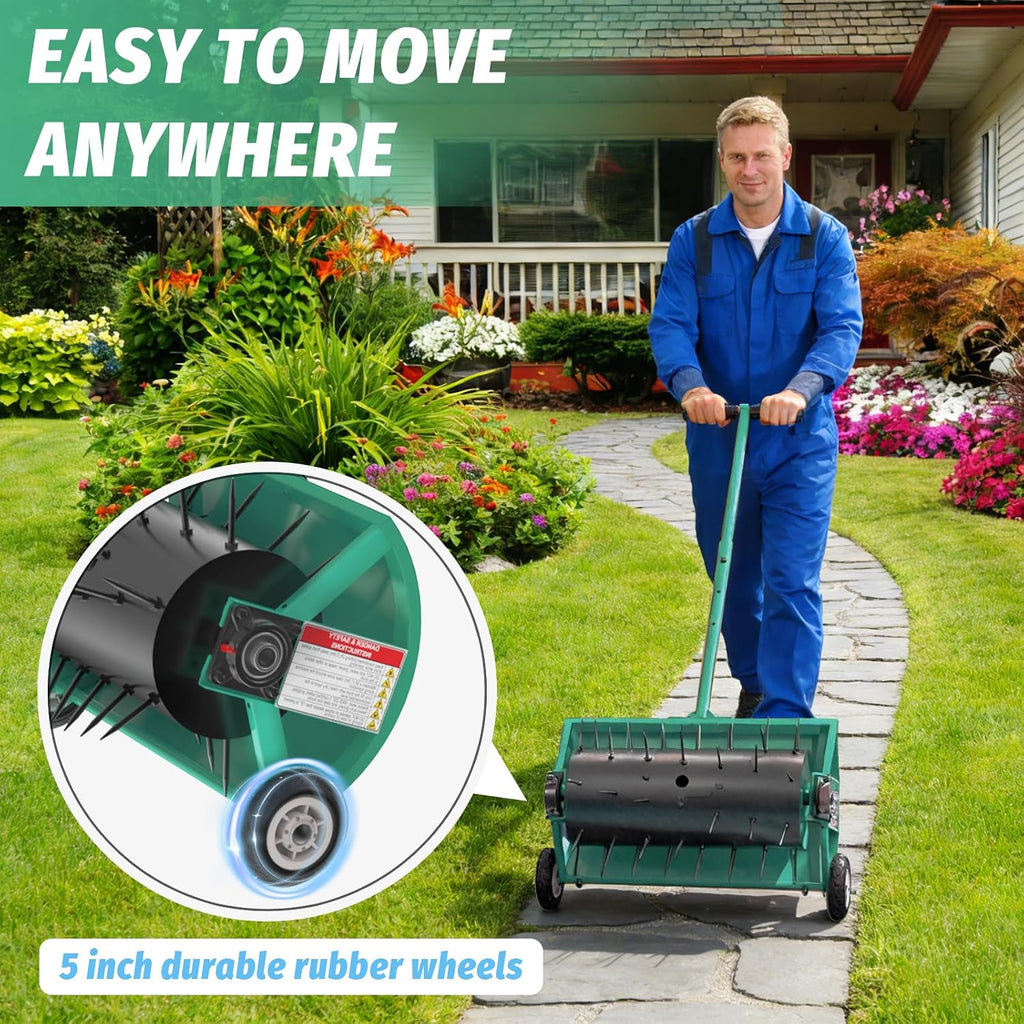 24 Inch Rolling Lawn Aerator, Heavy Duty Manual Aerator Tool, Up to 70 lbs, Push Spike Aeration Tool with 42 Spikes, Suitable for Lawns, Garden, and Yard Grass Aeration [Green]
