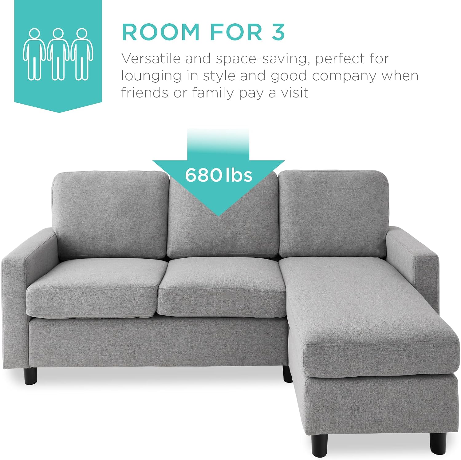Best Choice Products Upholstered Sectional Sofa for Home, Apartment, Dorm, Bonus Room, Compact Spaces w/Chaise Lounge, 3-Seat, L-Shape Design, Reversible Ottoman Bench, 680lb Capacity - Light Gray