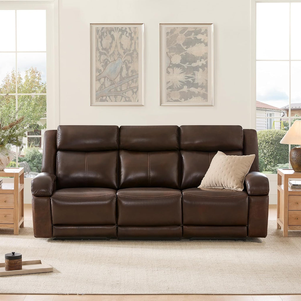 Watson & Whitely Genuine Leather Power Recliner Sofa, 3 Seater Wall Hugger Reclining Sofas with Power Headrest, USB & TypeC Ports, Electric Recliner Couch Set for Living Room, Dark Brown