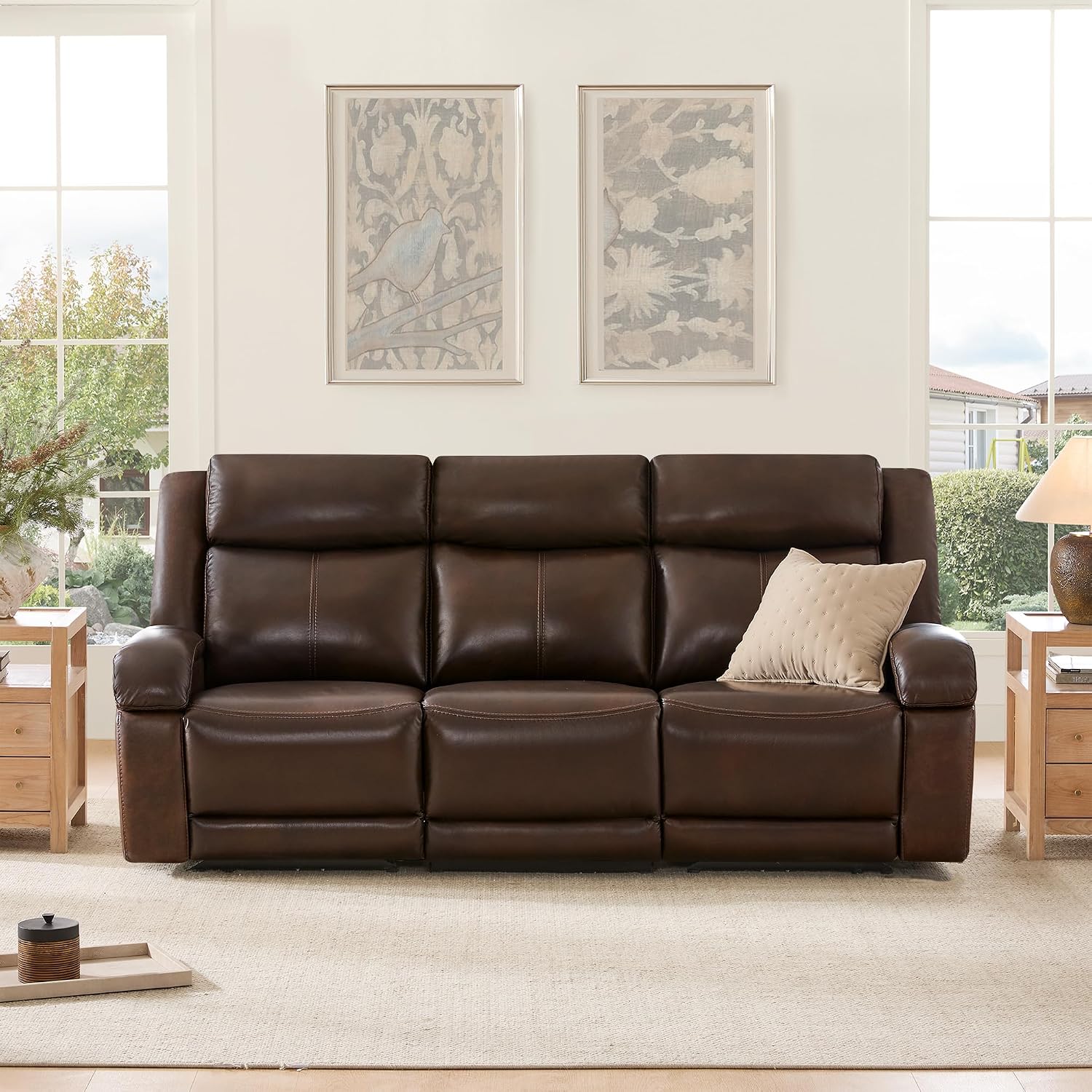 Watson & Whitely Genuine Leather Power Recliner Sofa, 3 Seater Wall Hugger Reclining Sofas with Power Headrest, USB & TypeC Ports, Electric Recliner Couch Set for Living Room, Dark Brown