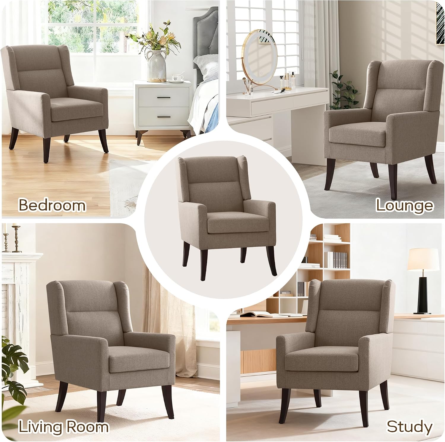 Zihanhome High Back Living Room Chairs, Fabric Accent Chair, Comfy Upholstered Armchair with Wooden Legs for Living Room, Bedroom, Apartment (2, Brown)