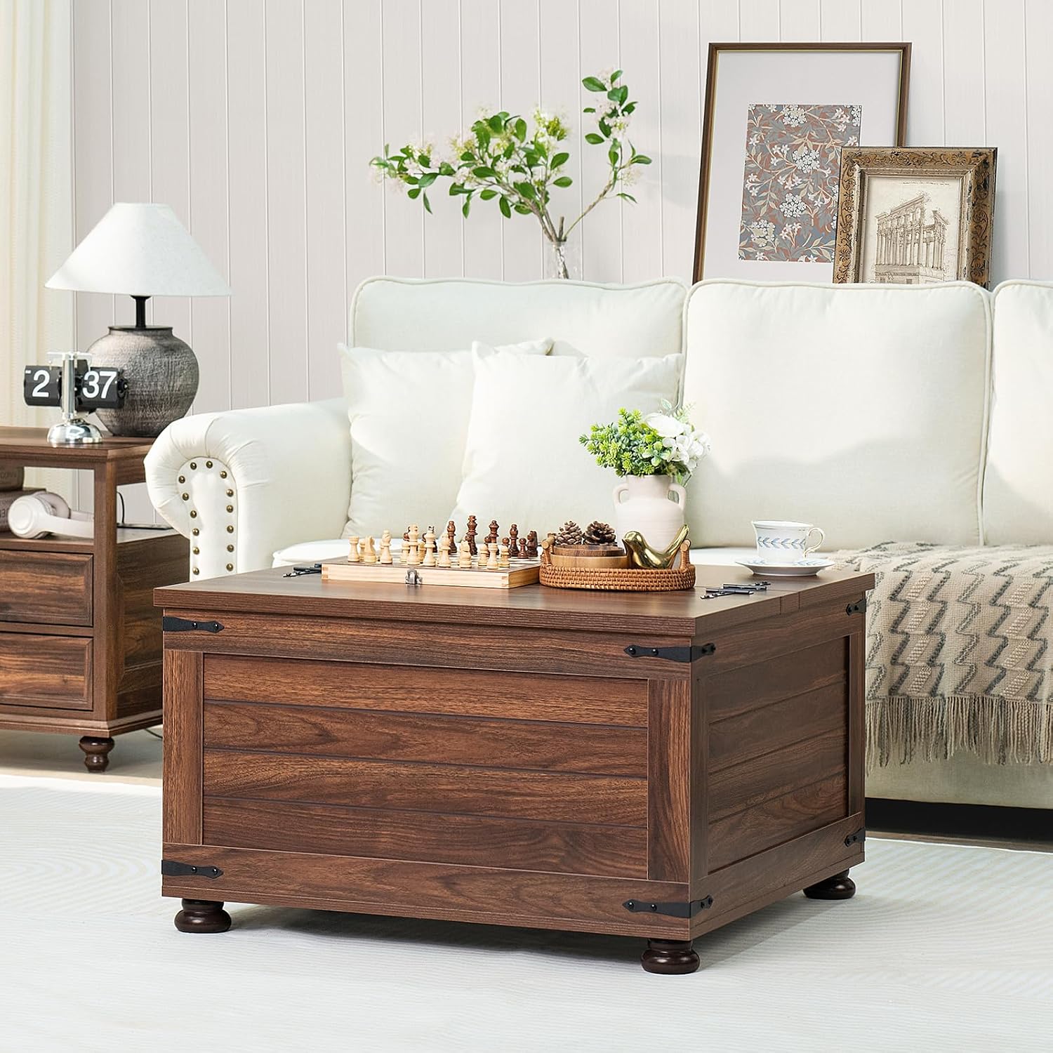 Joaxswe Farmhouse Coffee Table with Hidden Storage,Large Square Center Table for Living Room,Retro Cocktail Tables with Flip-Top Lids, Farm House Tables with Wooden Gourd Feet for Home,Brown Walnut