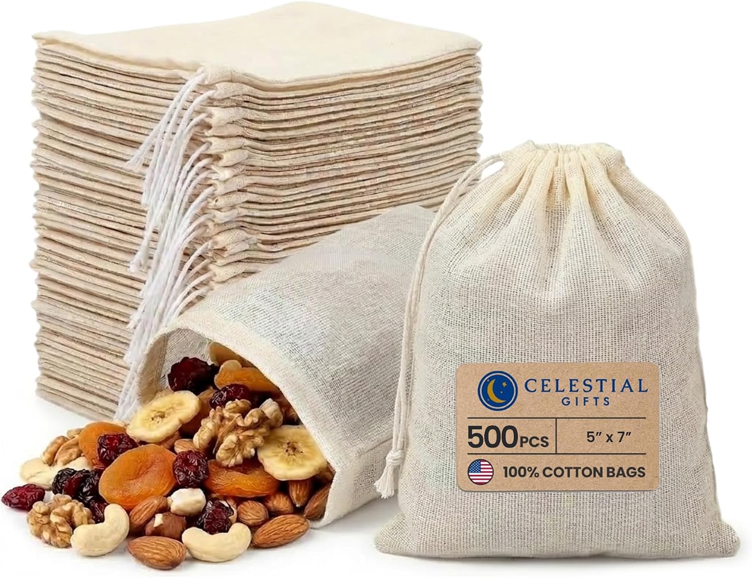 Celestial Gifts Muslin Bags 500pcs 5x7 inch, 100% Cotton Drawstring Bags for Party Favors, Parts, Cowboy Coffee and More- Made in USA (Natural Hem & Drawstring)
