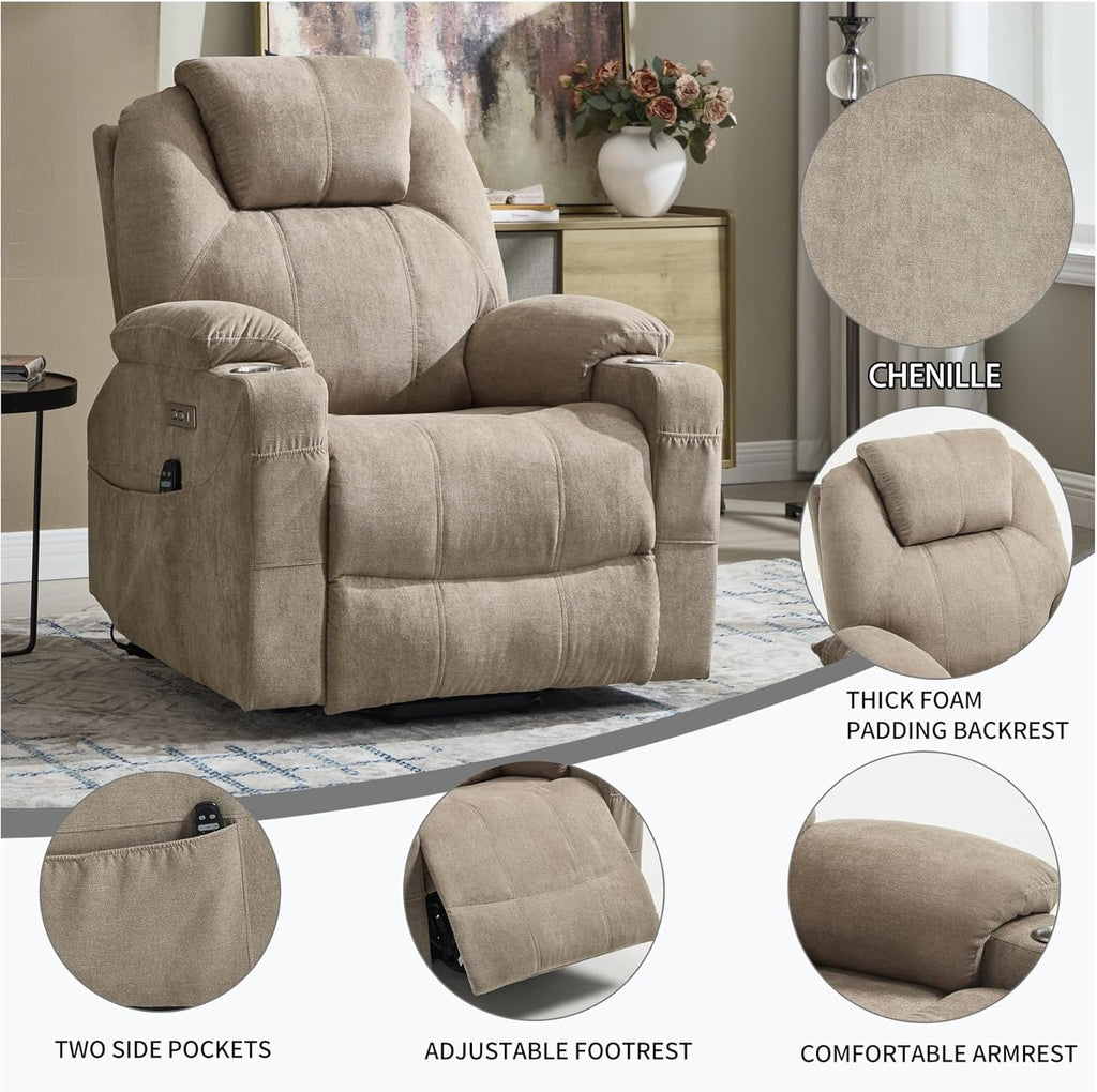 KEIKI Large Dual Motor Power Lift Recliner Chair for Adults, Polyester Rocking Chair with Back Massager and Heated, USB and Type-C Ports, Cup Holders, Comfy Reading Sofa Chair for Living Room, Khaki