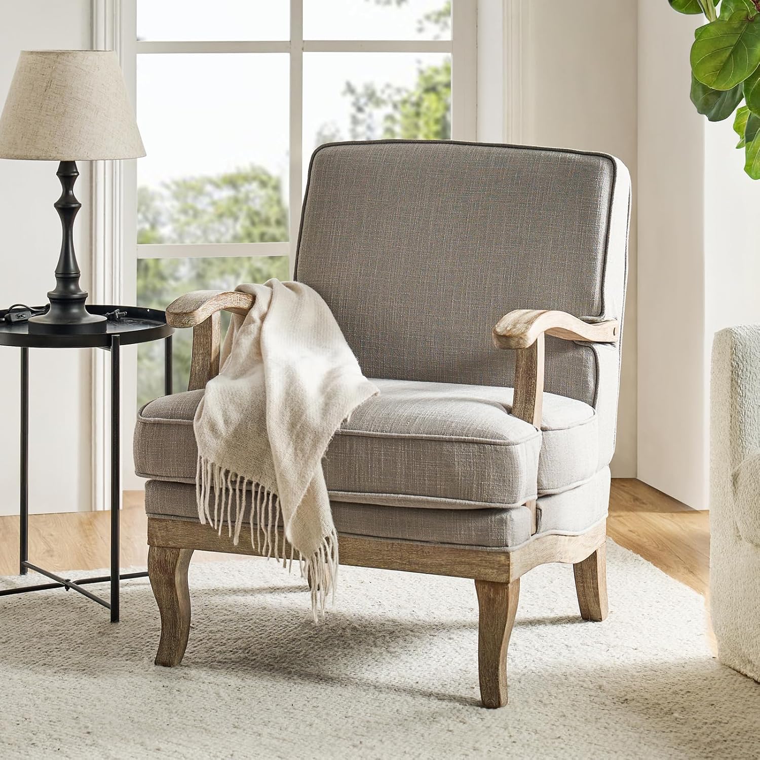 HULALA HOME Mid-Century Modern Accent Chair, Upholstered Lounge Arm Chair with Solid Wood Legs and Armrest, Removable Cushion Comfy Retro Reading Armchair for Living Room, Bedroom, Balcony, Grey
