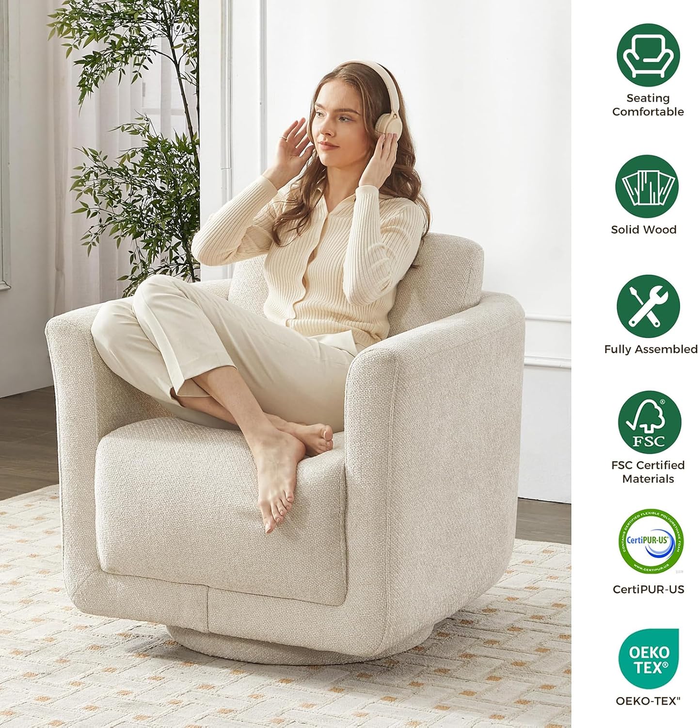 Swivel Accent Chair, 360° Chenille Barrel Swivel Chair for Living Room, Reading Nook Chair for Bedroom Small Spaces, Fully Assembled, Cream