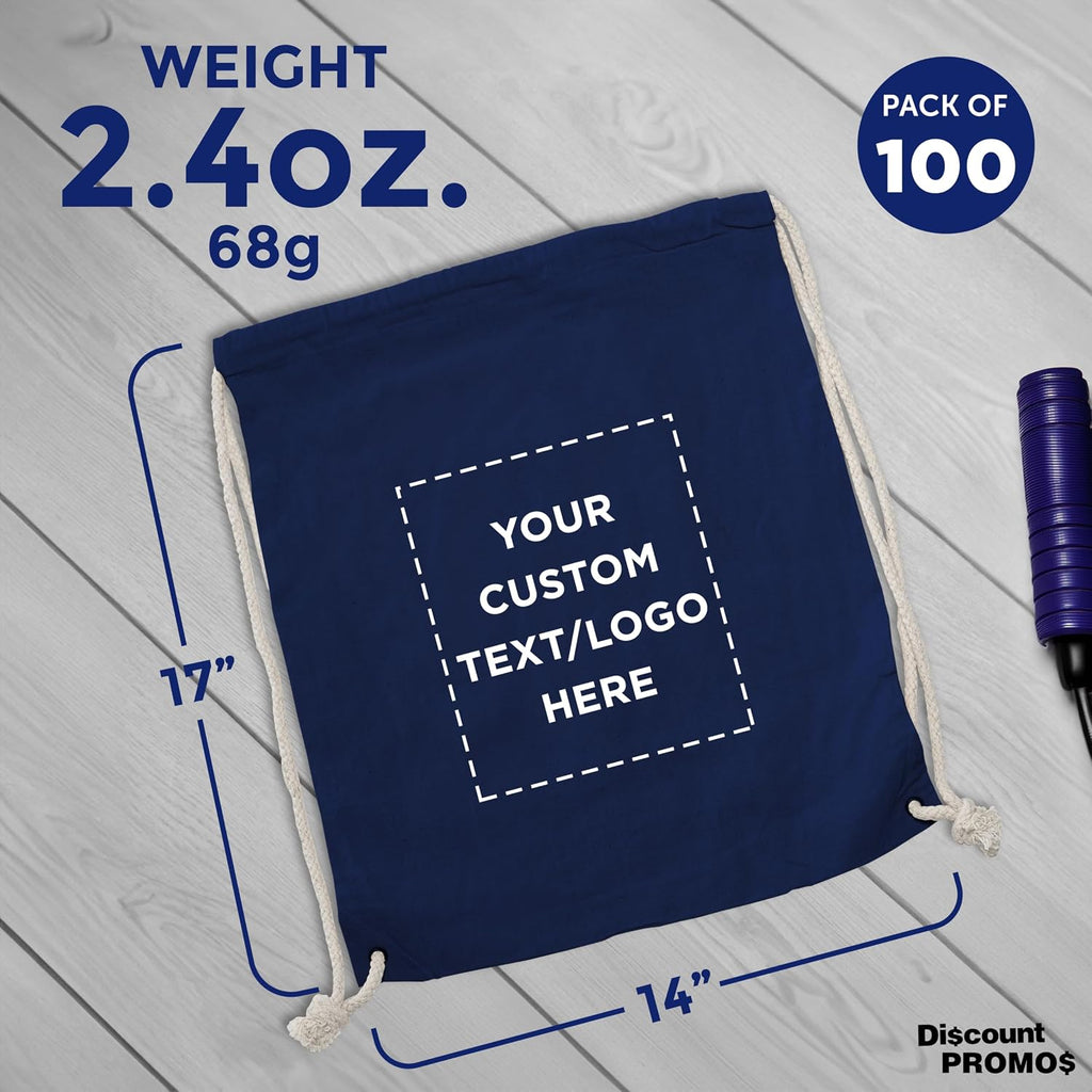 DISCOUNT PROMOS Custom Cotton Drawstring Backpacks Set of 100, Personalized Bulk Pack - Bring Everywhere You Go and For Everyday Use - Navy Blue