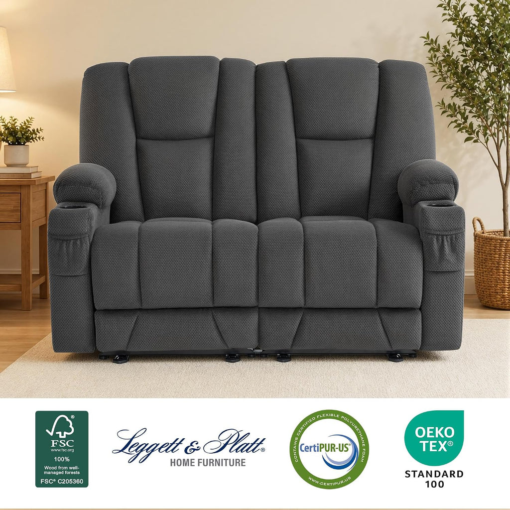 MCombo Zero Gravity Loveseat Power Reclining Sofa with Console, Heat and Vibration Massage, Recliner Couch for Living Room, Fabric 6035SET (Grey, Loveseat)