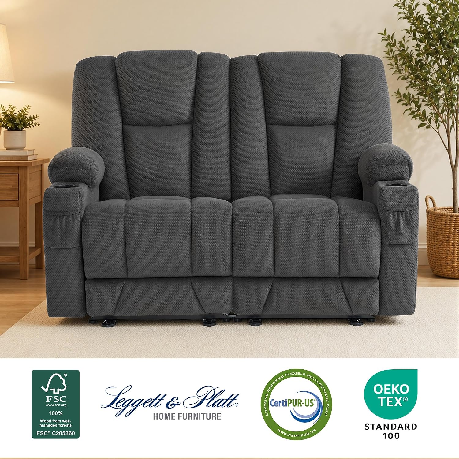 MCombo Zero Gravity Loveseat Power Reclining Sofa with Console, Heat and Vibration Massage, Recliner Couch for Living Room, Fabric 6035SET (Grey, Loveseat)