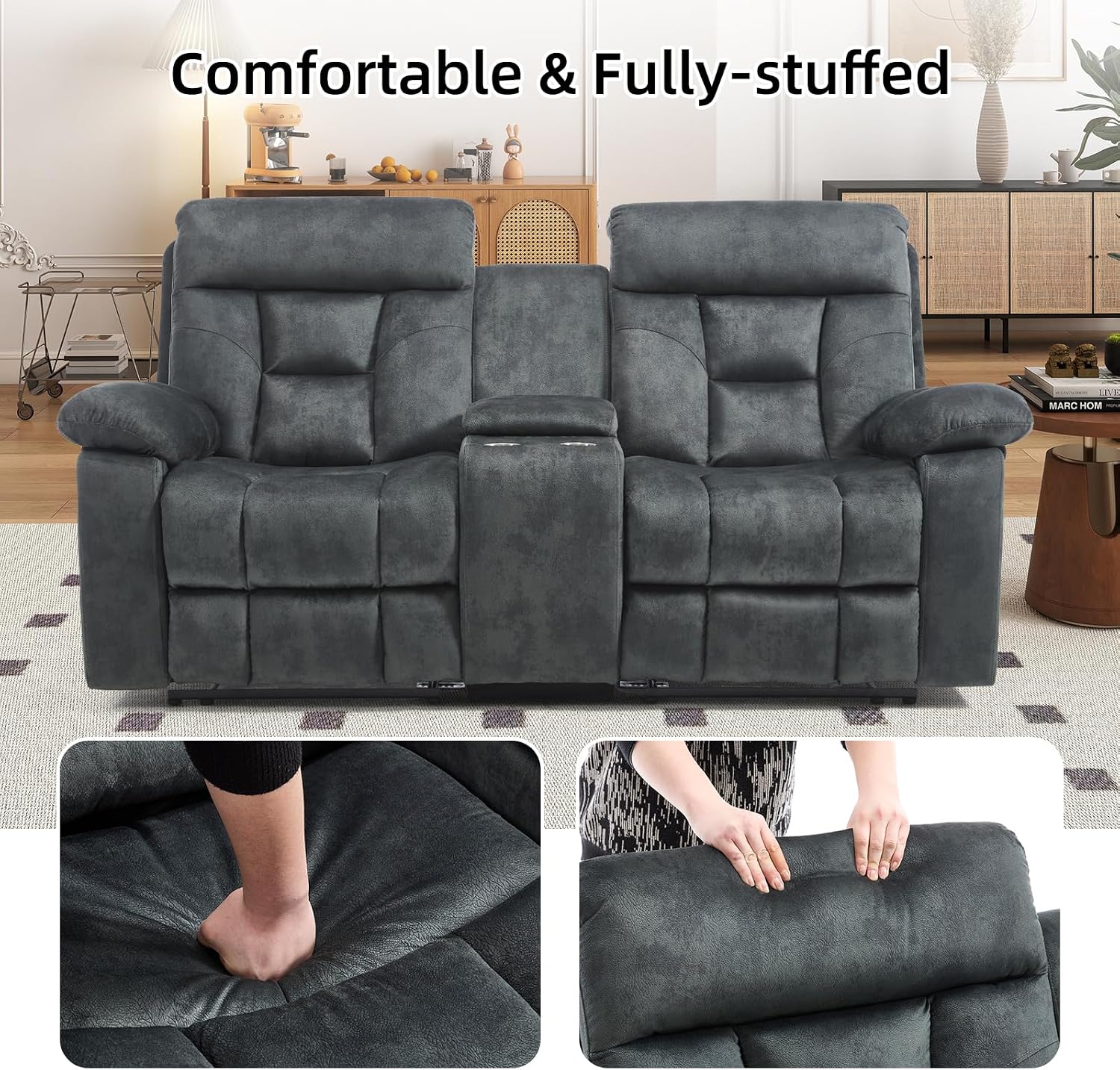 EBELLO 2 Piece Reclining Living Room Set, Soft Fabric Recliner Sofa Set, Included Power Lift Recliner Chair with Massage and Heat and Loveseat, Dark Greenish-Grey