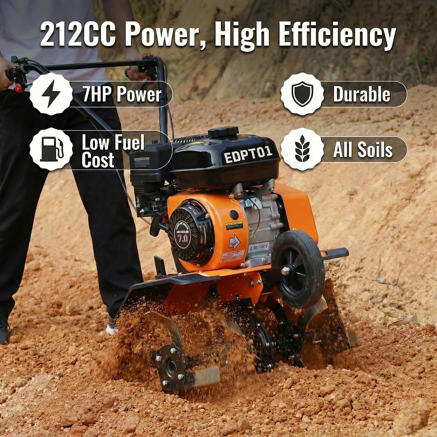 Gas Powered Tiller, 212CC 7HP 4-Stroke Engine, Adjustable 22'' Width, Front Tire Cultivator with Forward/Reverse Gears, 3-Height Adjustment, Durable High-Carbon Steel Blades for Gardening
