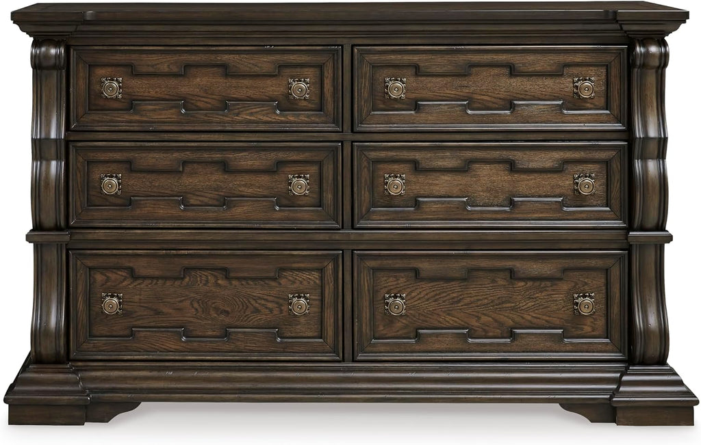 Signature Design by Ashley Maylee 6 Drawer Traditional Dresser with Mirror, Bedroom Chest of Drawers, Hardwood Solids, Oak & Ash Swirl Veneers, MDF Substrates, Cast Resin, Dark Brown