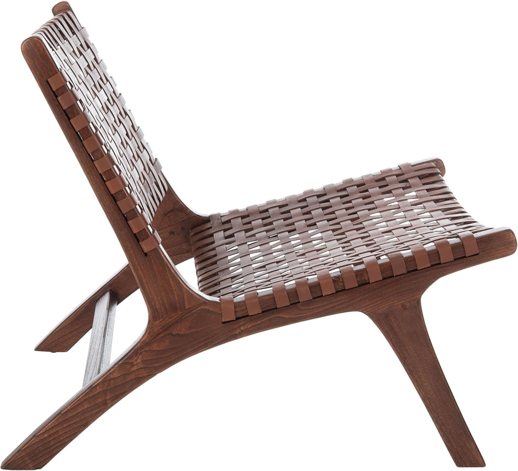 SAFAVIEH Home Collection – Luna Brown & Cognac Leather Woven Accent Chair, Solid Wood Frame, Contemporary Lounge Chair, Fully Assembled (ACH1002B)