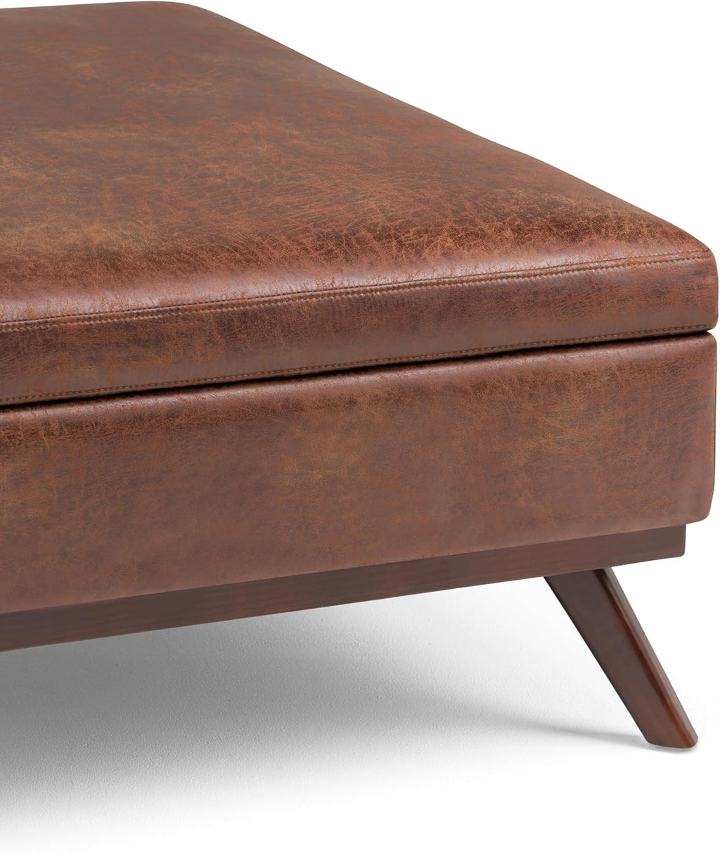 SIMPLIHOME Owen Square Coffee Table Storage Ottoman - 36 inch Wide Upholstered Vegan Leather Lift-Top Ottoman in Distressed Saddle Brown, Mid-Century Modern Ottoman for Living Room with Tufted Detail