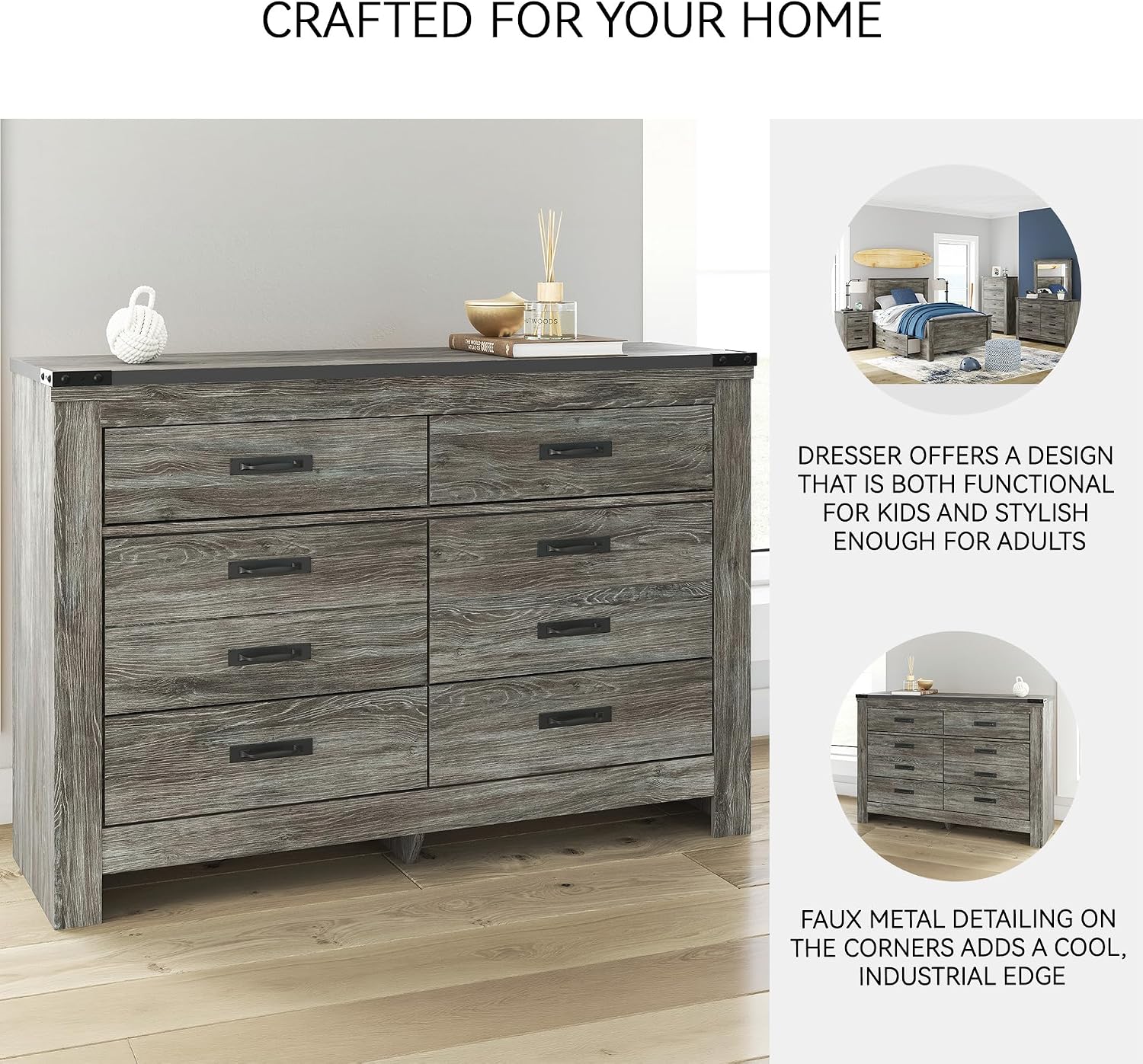 Signature Design by Ashley Frandern Casual Rustic Dresser with 6 Smooth-Gliding Drawers, Meets ASTM International Safety Standards, Wood and Decorative Laminate, Gray