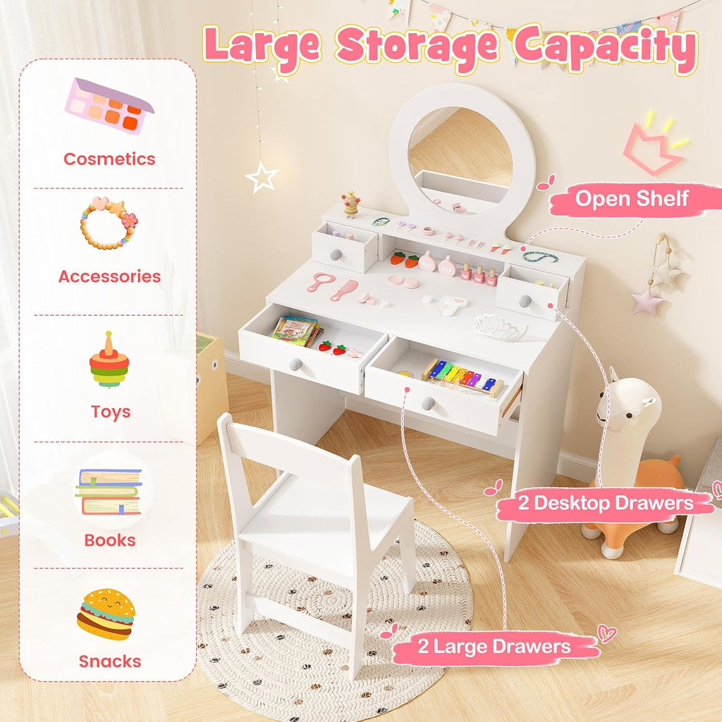 HONEY JOY Kids Vanity, Little Girls Vanity Set with Mirror and Stool, Drawers, Toddler Makeup Vanity Dressing Table, Wooden Pretend Play Kids Vanity Table and Chair Set (White)